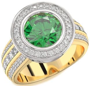 Diamond Emerald Platinum & Yellow Gold Round Halo Pave Engagement Ring