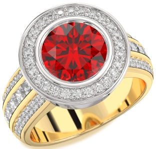 Diamond Ruby Platinum & Yellow Gold Round Halo Pave Engagement Ring