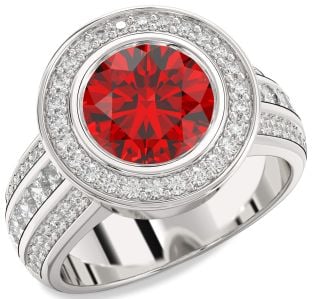 Diamond Ruby Platinum Round Halo Pave Engagement Ring