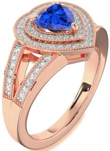 Diamond Blue Sapphire Rose Gold Silver Heart Halo Pave Engagement Ring