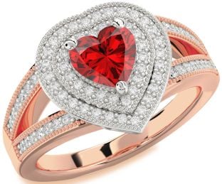 Diamond Ruby Rose Gold Silver Heart Halo Pave Engagement Ring