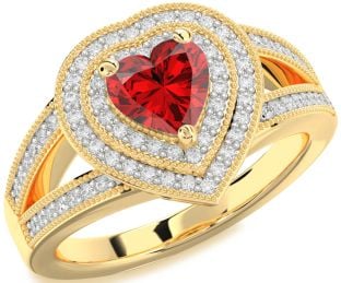 Diamond Ruby Gold Silver Heart Halo Pave Engagement Ring
