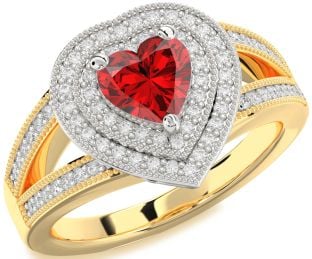 Diamond Ruby Gold Silver Heart Halo Pave Engagement Ring