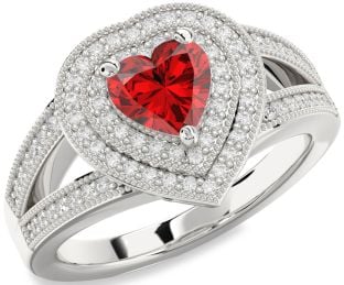Diamond Ruby Silver Heart Halo Pave Engagement Ring