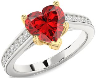 Diamond Ruby Platinum & Yellow Gold Heart Solitaire Pave Engagement Ring