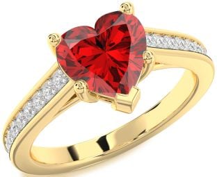 Diamond Ruby Gold Heart Solitaire Pave Engagement Ring
