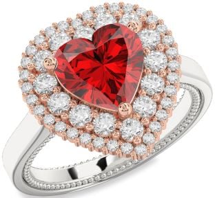 Diamond Ruby White Rose Gold Heart Halo Engagement Ring