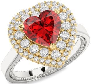 Diamond Ruby White Yellow Gold Heart Halo Engagement Ring