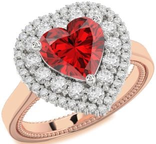 Diamond Ruby Rose Gold Silver Heart Halo Engagement Ring