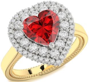 Diamond Ruby Gold Silver Heart Halo Engagement Ring