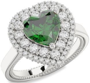 Diamond Emerald Silver Heart Halo Engagement Ring
