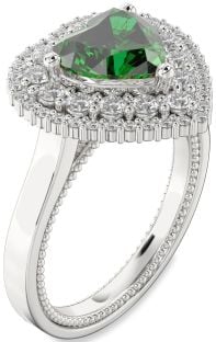 Diamond Emerald Silver Heart Halo Engagement Ring