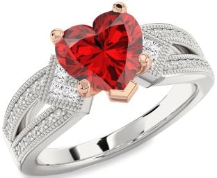 Diamond Ruby Platinum & Rose Gold Heart Vintage Engagement Ring