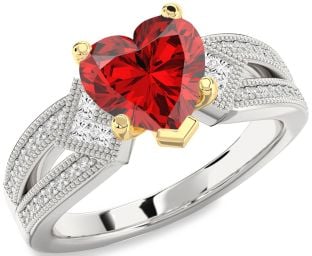 Diamond Ruby Platinum & Yellow Gold Heart Vintage Engagement Ring