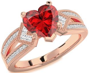 Diamond Ruby Rose Gold Heart Vintage Engagement Ring