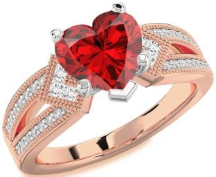 Diamond Ruby Platinum & Rose Gold Heart Vintage Engagement Ring