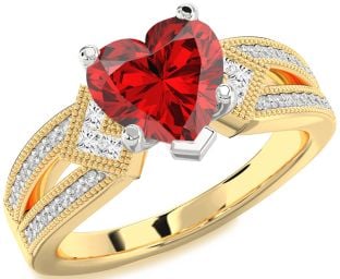Diamond Ruby Platinum & Yellow Gold Heart Vintage Engagement Ring