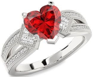 Diamond Ruby Platinum Heart Vintage Engagement Ring