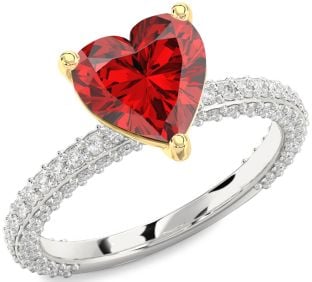 Diamond Ruby Platinum & Yellow Gold Heart Solitaire Pave Engagement Ring