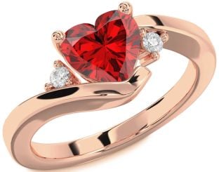 Diamond Ruby Rose Gold Heart Three Stone Engagement Ring