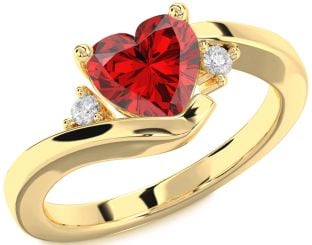Diamond Ruby Gold Heart Three Stone Engagement Ring