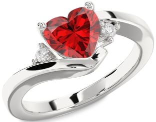 Diamond Ruby Platinum Heart Three Stone Engagement Ring