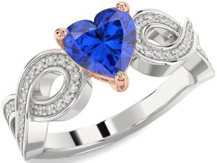 Diamond Blue Sapphire Platinum & Rose Gold Heart Infinity Solitaire Engagement Ring