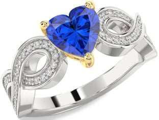 Diamond Blue Sapphire Platinum & Yellow Gold Heart Infinity Solitaire Engagement Ring