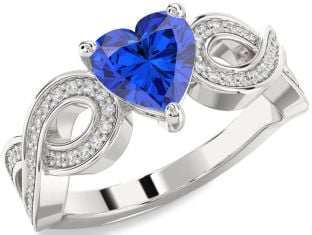 Diamond Blue Sapphire Platinum Heart Infinity Solitaire Engagement Ring