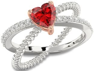 Diamond Ruby Platinum & Rose Gold Heart Solitaire Pave Engagement Ring