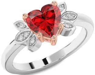 Diamond Ruby White Rose Gold Heart Solitaire Engagement Ring