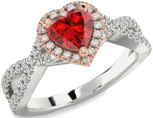 Diamond Ruby Silver & 10K Rose Gold Heart Halo Pave Engagement Ring