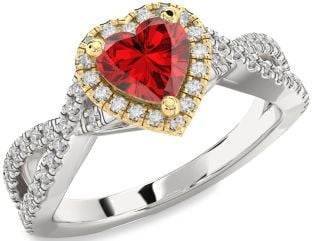Diamond Ruby Silver & 10K gold Heart Halo Pave Engagement Ring