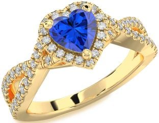 Diamond Blue Sapphire Gold Silver Heart Halo Pave Engagement Ring