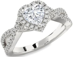 Diamond Silver Heart Halo Pave Engagement Ring