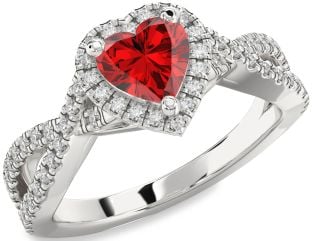 Diamond Ruby Platinum Heart Halo Pave Engagement Ring