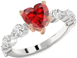 Diamond Ruby Silver & 10K Rose Gold Heart Engagement Ring