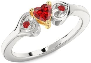 Diamond Ruby Silver & 10K gold Heart Three Stone Engagement Ring