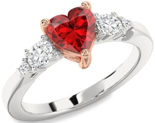 Diamond Ruby Silver & 10K Rose Gold Heart Three Stone Engagement Ring