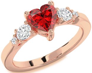 Diamond Ruby Rose Gold Heart Three Stone Engagement Ring