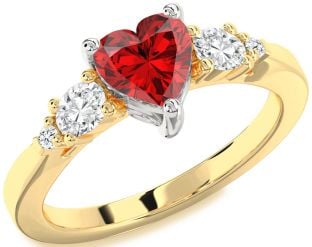 Diamond Ruby Platinum & Yellow Gold Heart Three Stone Engagement Ring