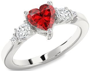 Diamond Ruby Silver Heart Three Stone Engagement Ring