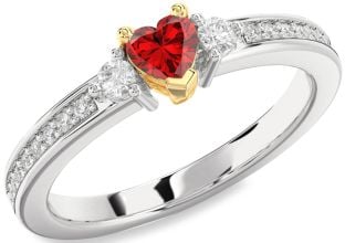 Diamond Ruby Silver & 10K gold Heart Three Stone Engagement Ring