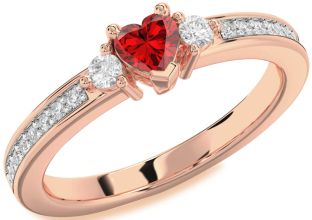 Diamond Ruby Rose Gold Silver Heart Three Stone Engagement Ring