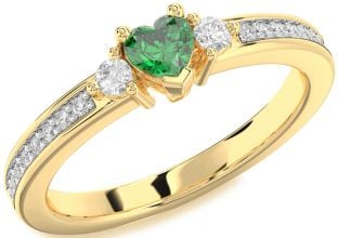 Diamond Emerald Gold Silver Heart Three Stone Engagement Ring