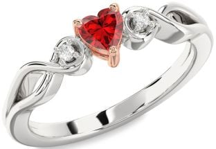 Diamond Ruby Platinum & Rose Gold Heart Knot Three Stone Engagement Ring