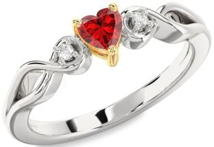 Diamond Ruby Platinum & Yellow Gold Heart Knot Three Stone Engagement Ring
