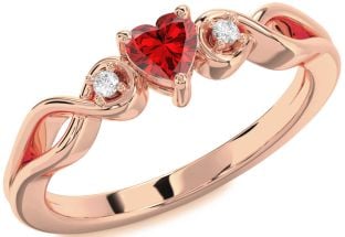 Diamond Ruby Rose Gold Heart Knot Three Stone Engagement Ring