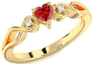 Diamond Ruby Gold Heart Knot Three Stone Engagement Ring