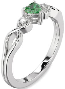Diamond Emerald White Gold Heart Knot Three Stone Engagement Ring